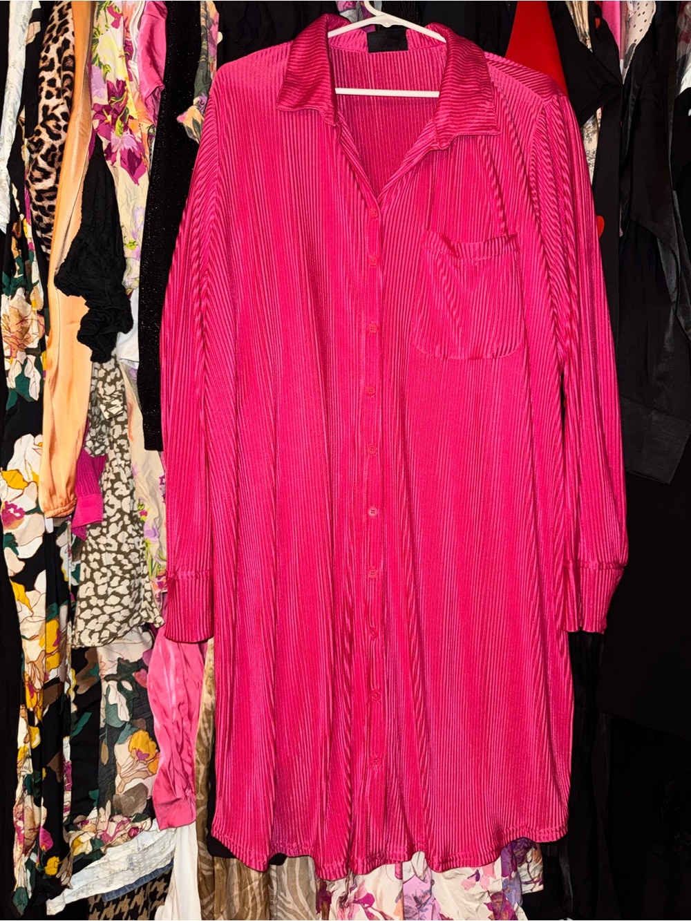 Bright Pink Button-Front Plisse Shirt Dress